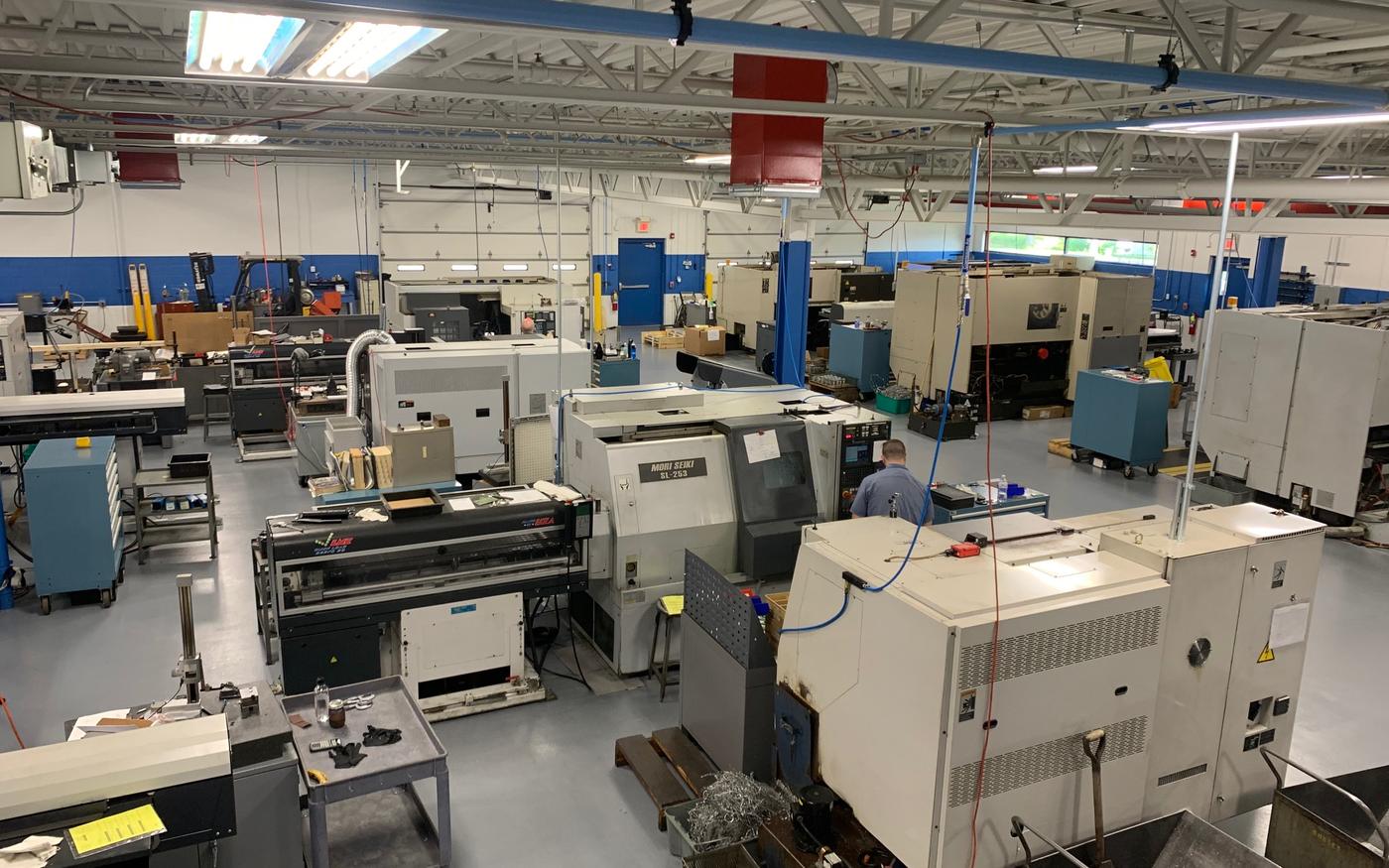 Elevated view across the CNC machine floor